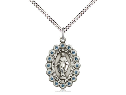 Miraculous Medal, Sterling, Oval with Aqua Stones with 18” Light Curb Chain