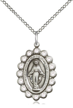 Miraculous Medal, Sterling Silver, Crystal Stones with 18” light curb chain