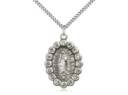 Our Lady of Guadalupe Medal, Sterling, Oval  Surrounded by Crystal Stones with 18” light curb chain.