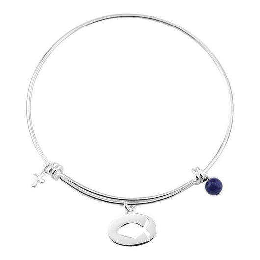 Silver Bangle - Ichthys Oval, Cross, Navy Bead