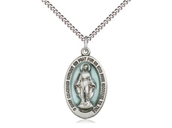 Blue, Sterling Oval Miraculous Medal with 18” Chain