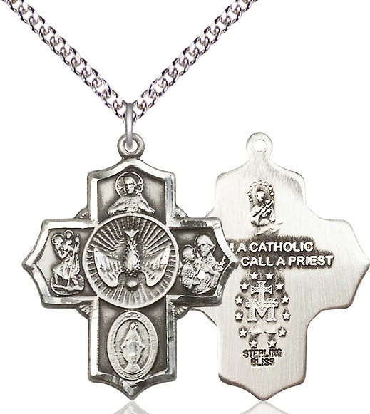 5-Way medal, Sterling Silver with 24 inch heavy curb chain