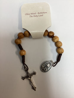 One Decade Carlo Acutis Rosary, Olive Wood with Brown Cord