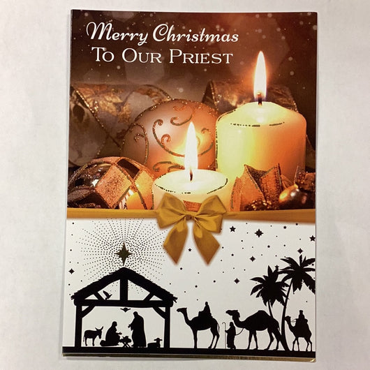 Christmas Greeting Card - Merry Christmas to Our Priest, Nativity Silhouette & Candles