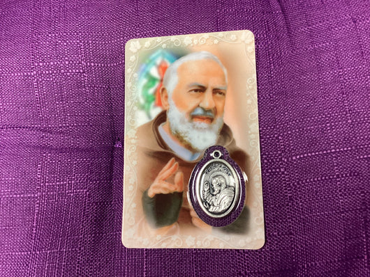 Saint Padre Pio of Pietrelcina Prayer Card with Embossed Medal