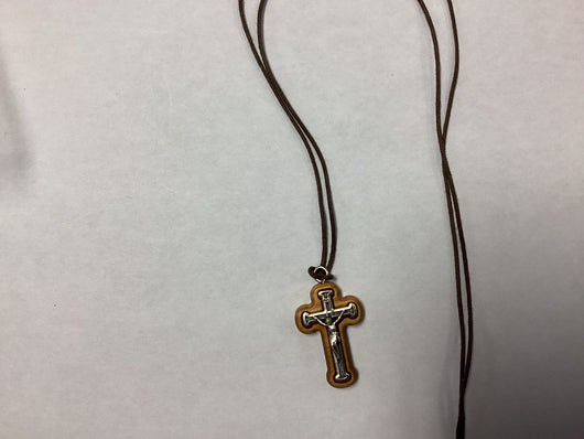 Olive Wood Cross on Cord with Inlaid Silver Coloured Crucifix