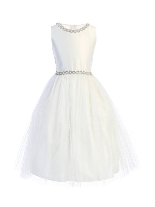 First Communion Satin and Crystal Tulle Dress With Jeweled Neckline